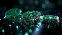 Glowing cryptocurrency coins with digital matrix effect in emerald green light, reflecting binary data streams against dark background with bokeh elements.