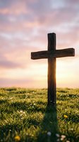 Wooden cross standing in green meadow at sunset with dramatic pink and purple sky clouds for Easter and religious worship concepts.