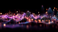 Glowing purple and pink wave patterns with bokeh light effects against dark background create magical abstract composition for technology or music designs.