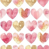 Romantic watercolor hearts pattern in soft pink and golden beige tones, perfect for wedding stationery, Valentine's Day designs, or feminine branding projects on white background.