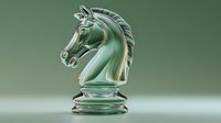 Elegant glass chess knight piece with translucent green hue on gradient background, symbolizing strategy and intellect in board games.