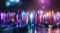 Colorful crystal healing stones and gemstones arranged in row with magical bokeh lights background for meditation, spirituality and wellness practices.