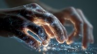 Hands creating magical light effects with glowing particles and energy streams flowing between fingers in mystical digital art composition.