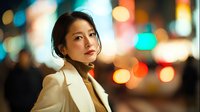 Professional Asian businesswoman in white blazer against vibrant city lights bokeh background at night, corporate lifestyle and urban success concept.