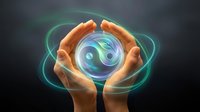 Hands protecting glowing yin yang symbol with energy circles representing balance, harmony, spirituality and holistic wellness concepts.