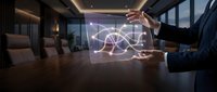 Business professional presenting holographic network diagram in modern conference room for technology strategy meeting.