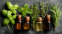 Fresh aromatic herbs and essential oils on dark background. Culinary ingredients for natural remedies, cooking, and aromatherapy.
