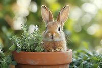 Adorable brown bunny rabbit sitting in terracotta flower pot surrounded by white blooming plants and green foliage against blurred natural bokeh background.