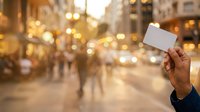Person holding blank white card on busy urban street with blurred city lights and pedestrians in background. Use for business, marketing, advertising, or promotional campaigns.