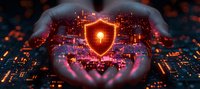 Glowing shield icon floating over circuit board with protective hands, representing cybersecurity and digital data protection in modern technology landscape.