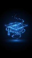 Digital graduation cap made of glowing blue wireframe mesh with connected particles and light effects on dark background. Suitable for education, online learning, technology, and academic success concepts.