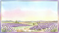 Lavender field landscape with rolling hills, cypress trees, and soft pastel sky in watercolor style for travel, home decor, and design projects.
