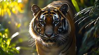 Majestic Bengal tiger close-up portrait with intense blue eyes and backlit fur glowing in golden sunlight against lush green jungle foliage background.
