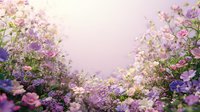 Dreamy garden landscape with delicate pink and purple wildflowers blooming in soft morning light, creating romantic floral background for wedding and spring designs.