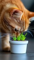 Curious ginger cat sniffing fresh green sprouts growing in small white ceramic pot against dark background. Close-up macro photography shows whiskers and fur details.