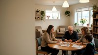 Family meeting at home with parents and teenage daughter discussing documents at wooden dining table in cozy living room with modern pendant lighting.