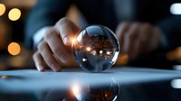 Crystal ball reflecting urban cityscape with bokeh lights and mirror reflection on dark surface, creating magical atmosphere for fortune telling and divination.