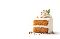 Slice of layered carrot cake with cream cheese frosting, topped with nuts and mint leaf garnish on white background, isolated with copy space.