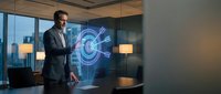 Professional businessman in suit presenting holographic digital interface technology in modern office conference room with city skyline view.