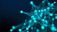 Glowing cyan network nodes connected by lines on dark blue background, representing digital technology, data flow, and global connectivity.
