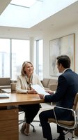 Mature woman in business attire conducting job interview with male candidate in modern office with skylight, reviewing resume at wooden desk during professional meeting.