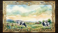 Watercolor pastoral landscape with black and white dairy cows grazing in green meadow, farm buildings and rolling hills under cloudy sky in ornate golden frame.