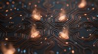 Glowing circuit board pattern with golden light nodes and geometric pathways creating a seamless tech background for digital and futuristic design projects.