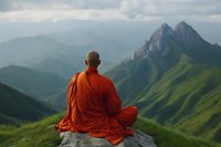 Buddhist monk in orange robe meditating on mountain peak overlooking dramatic valley landscape with layered green mountains under cloudy sky.