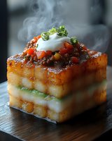 Layered polenta squares topped with fresh salsa, sour cream and herbs, served steaming hot on dark wooden surface. Gourmet appetizer with smoky atmosphere.