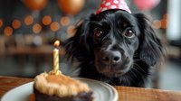Black spaniel dog wearing red polka dot party hat looking at birthday cupcake with lit candle on wooden table with warm bokeh lights background.