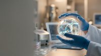 Scientist in laboratory holding glowing globe showing global network connections, representing international research, technology innovation, and worldwide data communication in modern scientific environment.