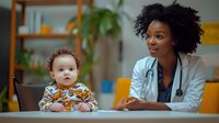 African American female pediatrician with stethoscope consulting with mixed-race baby in colorful outfit at medical office with plants in background.