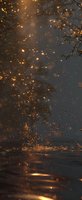 Glowing golden particles and sparks rising against dark background, creating magical atmosphere with reflective surface below for festive designs.