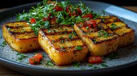 Grilled polenta squares garnished with fresh microgreens, cherry tomatoes and herbs on dark plate, close up view showing crispy charred grill marks and golden surface.