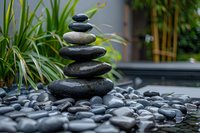 Balanced zen stones pyramid on black pebbles with green plants and water in background, creating peaceful spa and meditation atmosphere for wellness design.