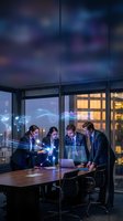 Business team analyzing holographic data projections in modern office conference room at night with city skyline view for corporate strategy presentations.