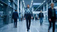 Confident security officer walking through busy modern airport terminal with blurred passengers in motion around him during evening hours.