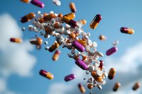 Colorful pharmaceutical capsules and pills floating in blue sky with dramatic lighting, depicting medical breakthrough or healthcare concept. Dynamic composition.