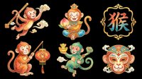 Cute monkey characters in Asian style with gold coins and lanterns, isolated on transparent background. Ready for t-shirt design, clipart, stickers, print-on-demand products, and sublimation projects.