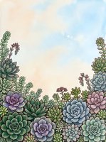 Watercolor succulent garden border with pastel sky background, featuring echeveria and sedum in soft green, purple, and pink tones.