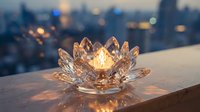 Crystal lotus flower candle holder glowing with warm light on wooden surface against blurred city skyline at dusk for home decor and meditation spaces.