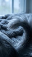 Fluffy gray cat tail curled in heart shape on cozy knitted blanket by window creating romantic pet love concept for valentines day greeting cards.