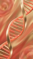 Double helix DNA strands with metallic silver ribbons on warm coral background, suitable for medical, scientific, and biotechnology design projects.