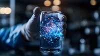 Glowing blue and pink neural network hologram contained in glass jar held by scientist hand in laboratory, futuristic technology concept for AI research.