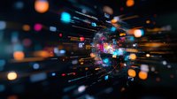 Abstract digital tunnel with colorful light particles and bokeh effects creating futuristic technology concept for data transfer, artificial intelligence, or cyber security.