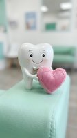 Cute tooth mascot holding pink heart in dental clinic office for oral health care and dentistry marketing materials.