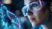 Young female scientist in protective glasses observing glowing DNA molecule hologram. Modern biotechnology research concept with neon blue lighting effects.