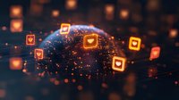 Glowing social media like icons connected by digital network lines float in dark space with orange bokeh particles and light effects. Modern tech concept.