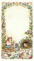 Decorative floral border frame with cute woodland animals including hamsters, mice and hedgehogs among botanical elements and books for children's design.