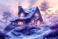 Cozy winter cottage with glowing windows nestled in snowy landscape at dusk, magical purple sunset sky and illuminated stone path leading to wooden door.